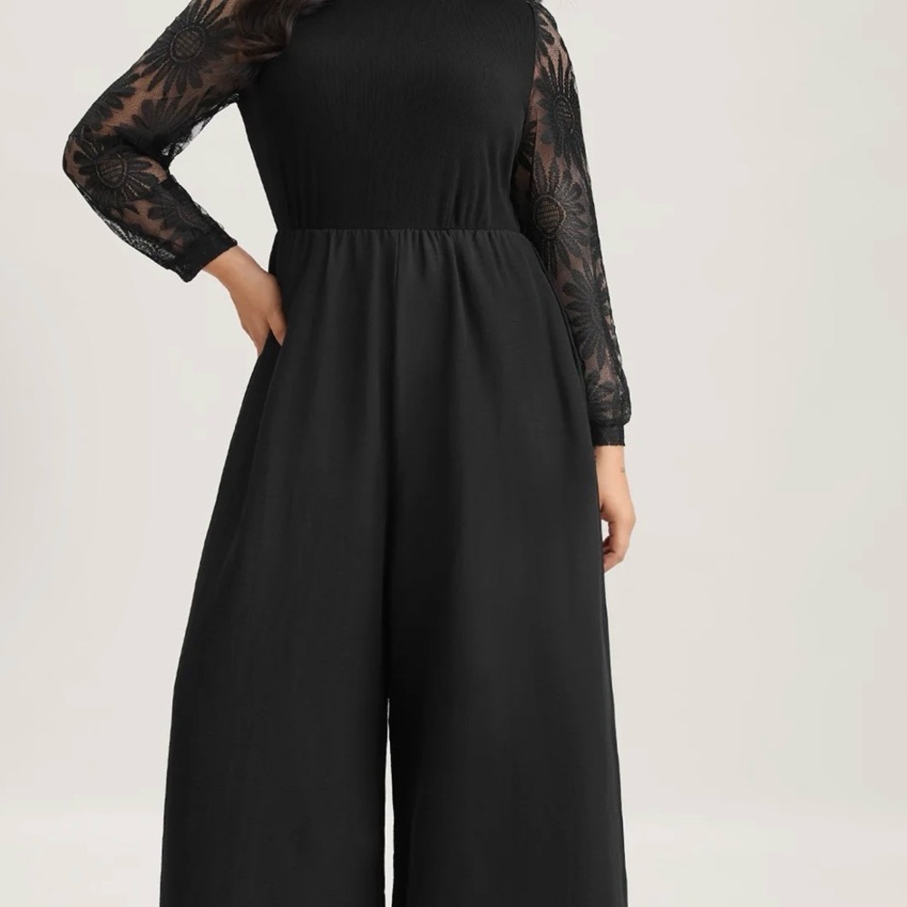 Crochet Lace Mesh Mock Neck Jumpsuit – , - Picture 6 of 6